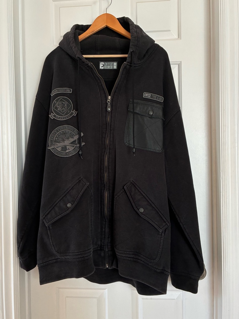Enyce Vintage Y2K Black Full-Zip Cargo Hoodie Leather Multi-Pocket Heavyweight